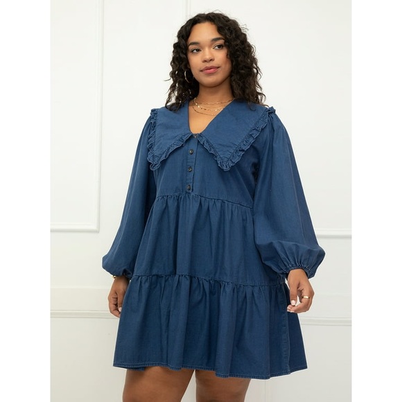 ELOQUII Medium Wash Denim Tiered Dress with Collar - Picture 3 of 5